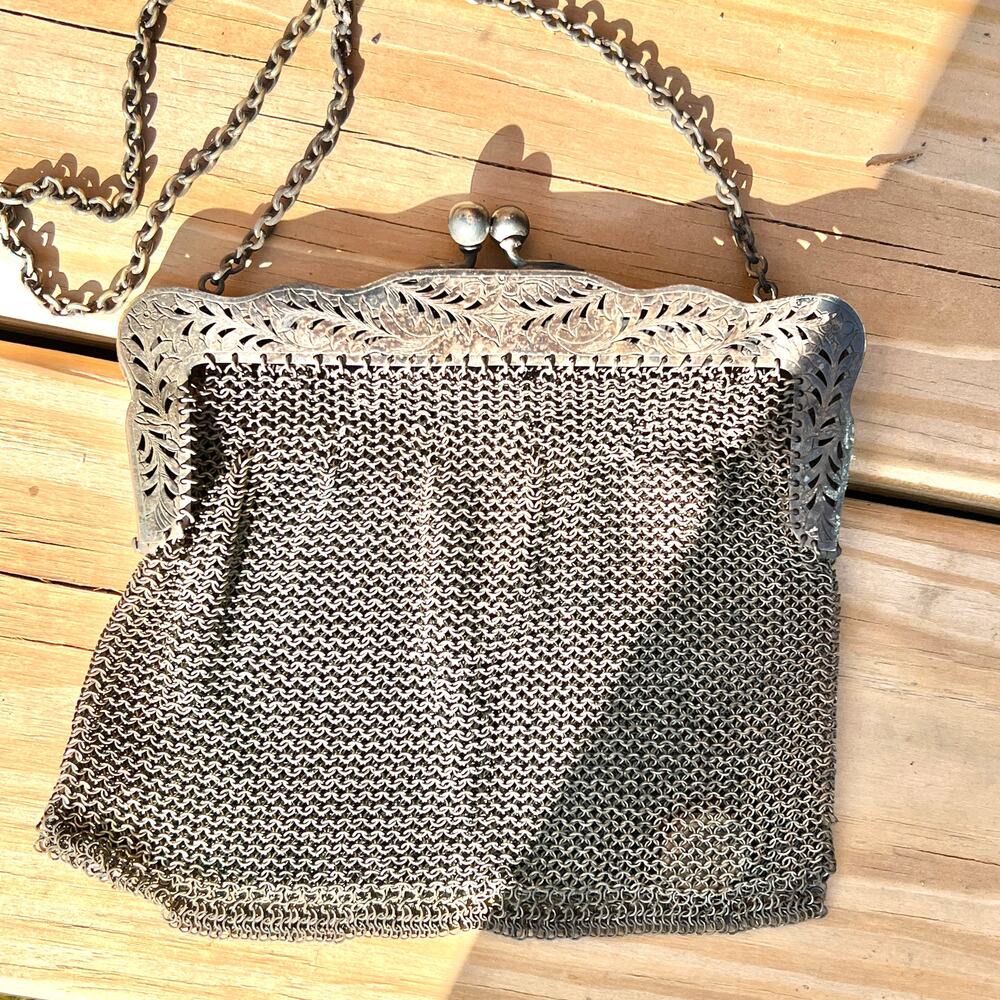 Antique German Silver Mesh Purse 6" x 5.5" with 9" Strap Drop